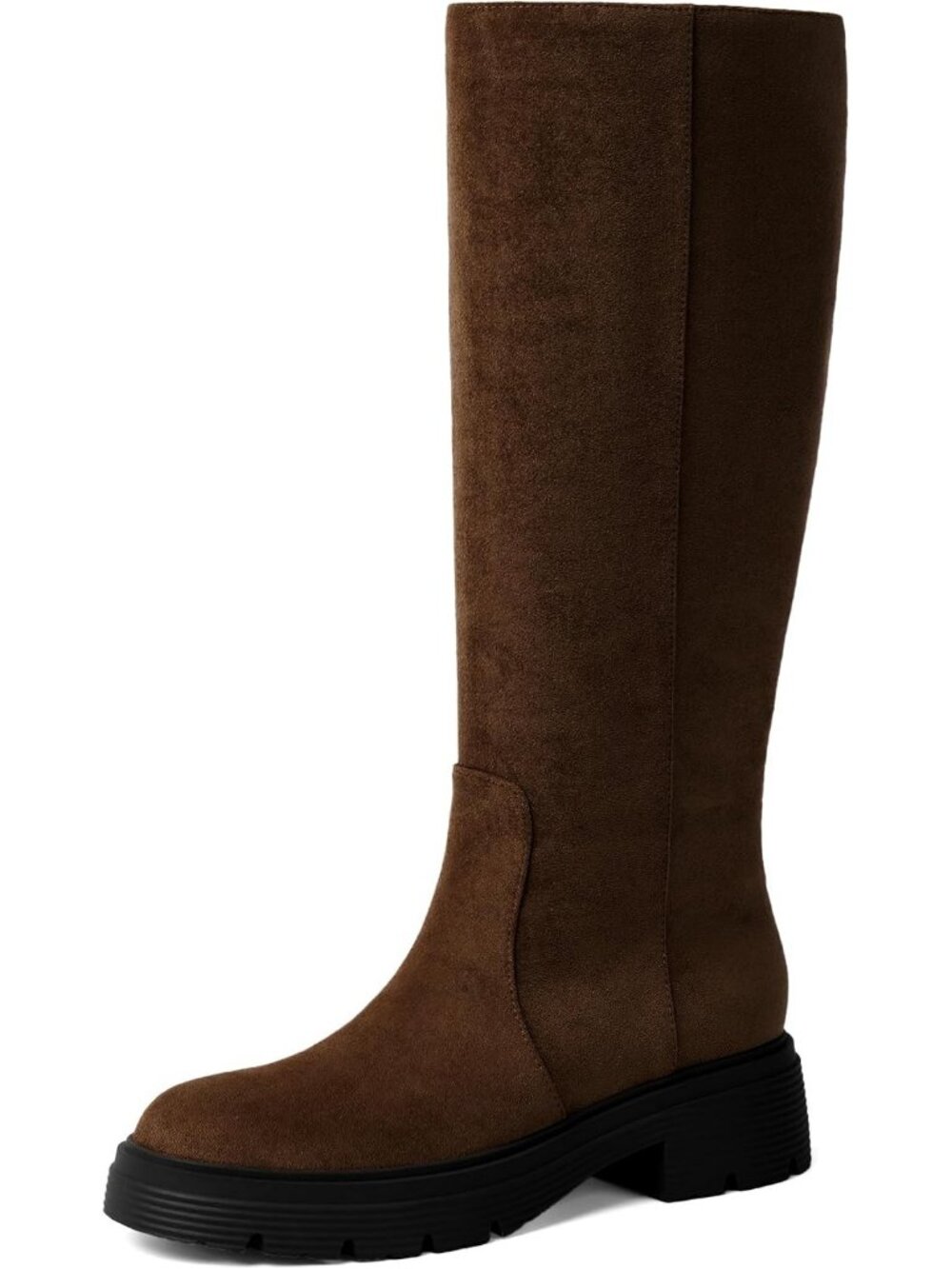 Women's Suede Chocolate Round Toe Pull On Chunky Block Heel Knee High Boots